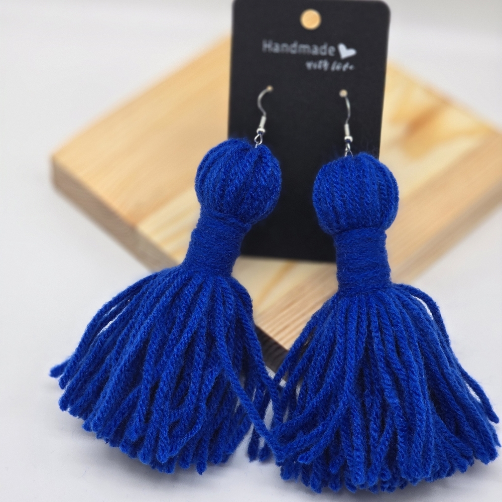 Blue Tassel Yarn Earrings